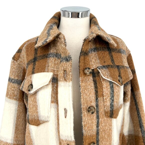 Avec Les Filles Plaid Shacket Jacket Button-Up Brown Cream Size Small - Picture 2 of 11